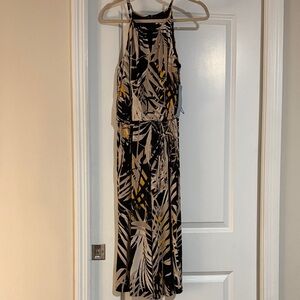 London Times Black Tan Abstract Print Halter Neck Wide Leg Jumpsuit NWT Size 10
